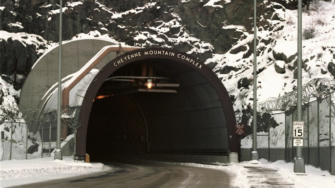 Tunnel gateway into Cheyenne Mountain (NORAD) near Colorado Springs. (Credit: Ulrich Baumgarten via Getty Images)