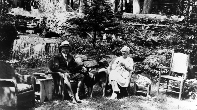 American president Herbert Hoover with wife Lou Henry Hoover in their summer retreat of Rapidan Camp, in Virginia in August 1932 in United States. (Credit: Gamma-Keystone/Getty Images)