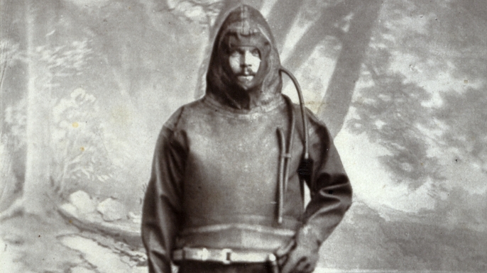 Captain Paul Boyton American Nautical Adventurer in Early Wet Suit or Rubber Suit. (Credit: Chris Hellier/Corbis/Getty Images)