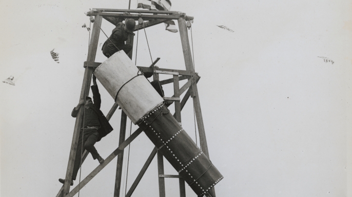 Stuntman Rodman Law, brother of the female aviator Ruth Law, prepares to launch himself from a rocket. (Credit: George Rinhart/Corbis/Getty Images)