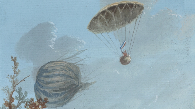 Painting shows descent of Andre-Jacques Garnerin in a basket attached to a parachute from about 1000 meters while the unmanned balloon falls to the ground. (Credit: VCG Wilson/Corbis/Getty Images)