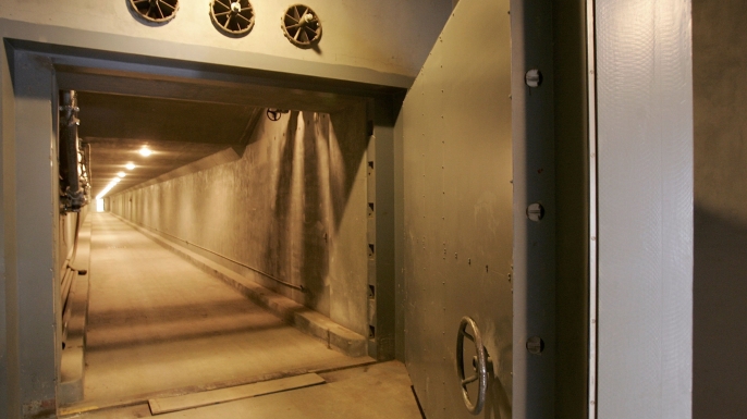 A view of the West Tunnel Blast Door, which weighs 25 tons and serves as an entrance to a former government relocation facility codenamed "Project Greek Island". This 112,000 square-foot shelter was constructed beneath the Greenbrier Resort's West Virginia Wing, to serve as a relocation site for members of the U.S. Congress and associated staff in the event of a nuclear attack on the U.S. soil. (Credit: Alex Wong/Getty Images)