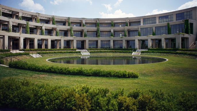 The Conservation Laboratory building of the Packard Campus for Audio-Visual Conservation is the only part of the facility which can be seen on the side of Mount Pony. The rest of the 45-acre campus is underground as it was originally part of a of a previously existing Federal Reserve Bank facility. (Credit: Melissa Golden/Bloomberg via Getty Images)