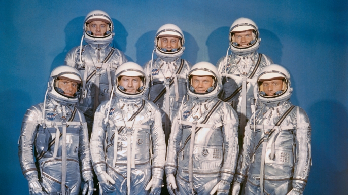 NASA's astronaut class one, the Mercury Seven. Front row, (l-r) Walter M. Schirra Jr., Donald K. Slayton, John H. Glenn Jr., and M. Scott Carpenter. Back row, (l-r) Alan B. Shepard Jr., Virgil I. Grissom and L. Gordon Cooper Jr. (