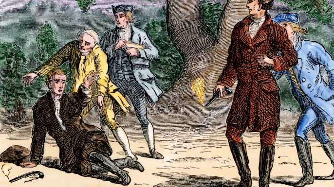 Andrew Jackson winning a pistol duel against Charles Dickinson. (Credit: North Wind Picture Archives/Alamy Stock Photo)