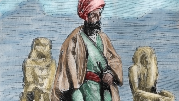 Ibn Battuta, Moroccan explorer, in Egypt. Illustration by Leon Benett from book by Jules Verne, 1878. (Credit: Lanmas/Alamy Stock Photo)