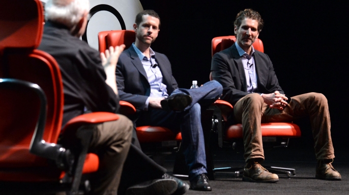Writer/producer Dan Weiss and writer/executive producer David Benioff speak during HBO's "Game Of Thrones" Season 3 San Francisco Premiere. (Credit: Jeff Kravitz/FilmMagic/Getty Images)