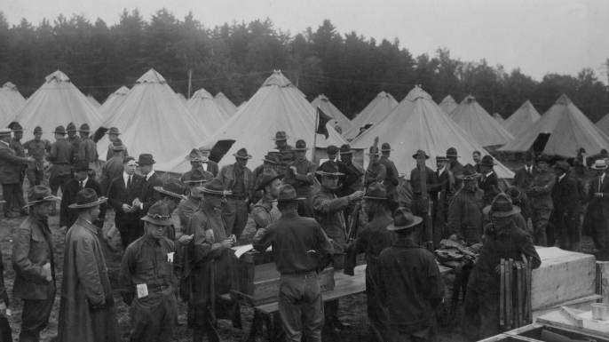 A U.S. military encampment and supplies at Plattsburg, New York during World War I. (Credit: Paul Thompson/FPG/Getty Images)