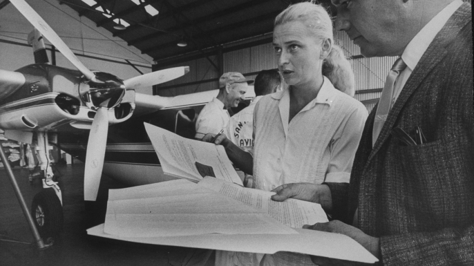 Female astronaut Jerrie Cobb going over preparations for high altitude flight with inspector at North American Aircraft Lab. (Credit: Bill Bridges/The LIFE Images Collection/Getty Images)