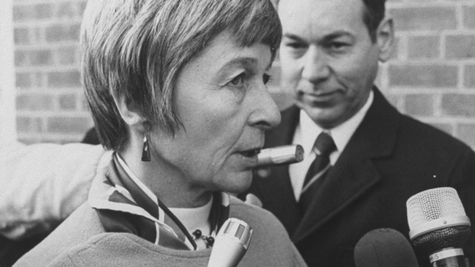 Jane Hart, wife of US Senator Philip Hart, being interviewed by reporters. (Credit: Time Life Pictures/Pix Inc./The LIFE Picture Collection/Getty Images)