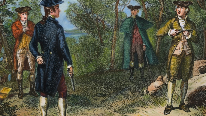 Alexander Hamilton's duel with Aaron Burr at Weehawken, New Jersey. (Credit: Bettmann/Getty Images)