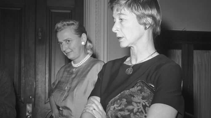 Jerrie Cobb (left) and Jane Hart, are shown at the Capitol after warning Vice President Johnson that Russia will put the first woman astronaut into space unless the U.S. moves quickly. (Credit: Bettmann/Getty Images)