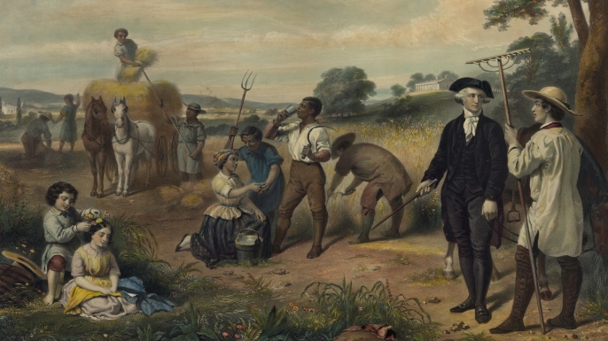 Washington standing among African-American field workers harvesting grain. (Credit: Buyenlarge/Getty Images)