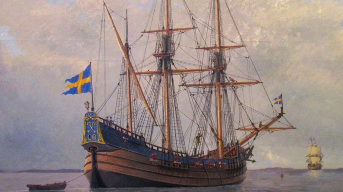 Painting of the Kalmar Nyckel, a Dutch-built armed merchant ship famed for carrying Swedish settlers to North America in 1638 to establish the colony of New Sweden. (Credit: Jacob Hägg/Wikimedia Commons/PD-US)