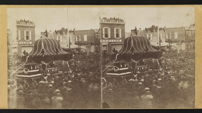 Abraham Lincoln's casket through the crowd on Broad Street in Philadelphia, April 22, 1865. (Credit: The Library of Congress)