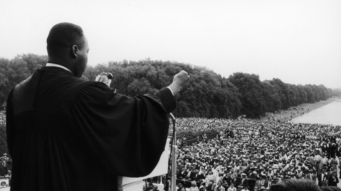 Dr. Martin Luther King, Jr. addresses the crowd at the Prayer Pilgrimage for Freedom on May 17, 1957. (Credit: Moneta Sleet, Jr./Ebony Collection via AP Images)