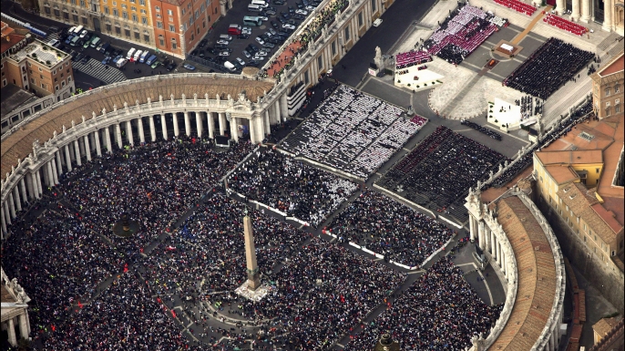 Aerial view of the funeral of Pope John Paul II at Saint Peter's Basilica in Rome, Italy, 2005. (Credit: Eric VANDEVILLE/Gamma-Rapho via Getty Images)