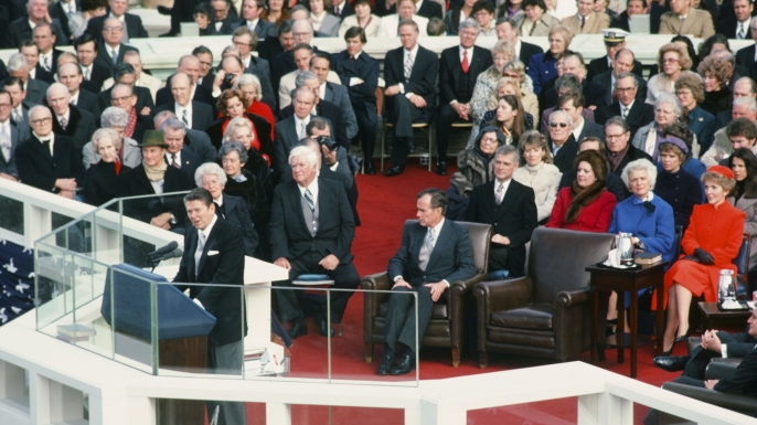Ronald Reagan giving a speech during his first inauguration,1981. (Credit: NBC NewsWire/Getty Images)