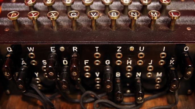 An Enigma cipher machine that belonged to codebreaker Alan Turing at Bonham's Auction House, New York City. (Credit: Spencer Platt/Getty Images)