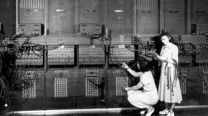 The ENIAC, the first electronic computer, being developed at the University of Pennsylvania, 1946. (Credit: Apic/Getty Images)