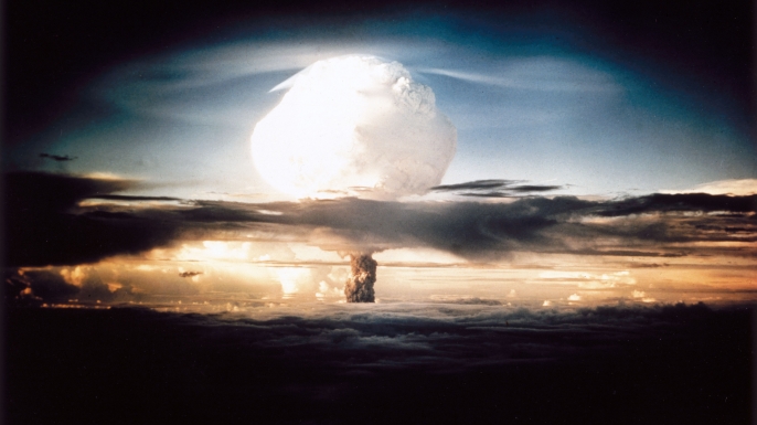 The mushroom cloud produced by the first explosion by the Americans of a hydrogen bomb at Eniwetok Atoll in the South Pacific. Known as Operation Ivy, this test represented a major step forwards in terms of the destructive power achievable with atomic weapons. (Credit: SSPL/Getty Images)