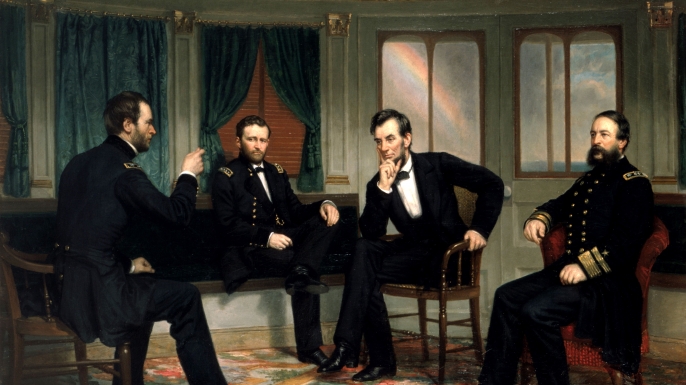 Sherman, Grant, Lincoln, and Porter aboard the River Queen, 1865.