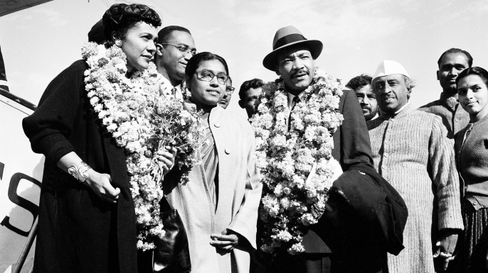 Dr. Martin Luther King, Jr. and his wife Coretta after landing at the airport in New Delhi, India. King, who is known here as the American Gandhi, flew here on what he calls a "four-week pilgrimage in India which to me means Mahatma Gandhi". (Credit: R. Satakopan/AP/REX/Shutterstock)