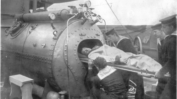 A recompression chamber was also known as the “diver’s oven.” This was the first chamber used during the Laurentic operation and would later be replaced by larger models. (Credit: Journal of Hygiene 25, no. 1 (1926), courtesy of Cambridge University Press)