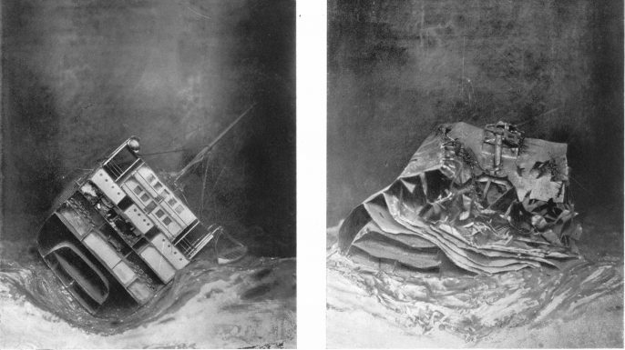 These illustrations show the Laurentic as the divers originally found it (left) and what it looked like after the storms. (Credit: Journal of Hygiene 25, no. 1 (1926), courtesy of Cambridge University Press)