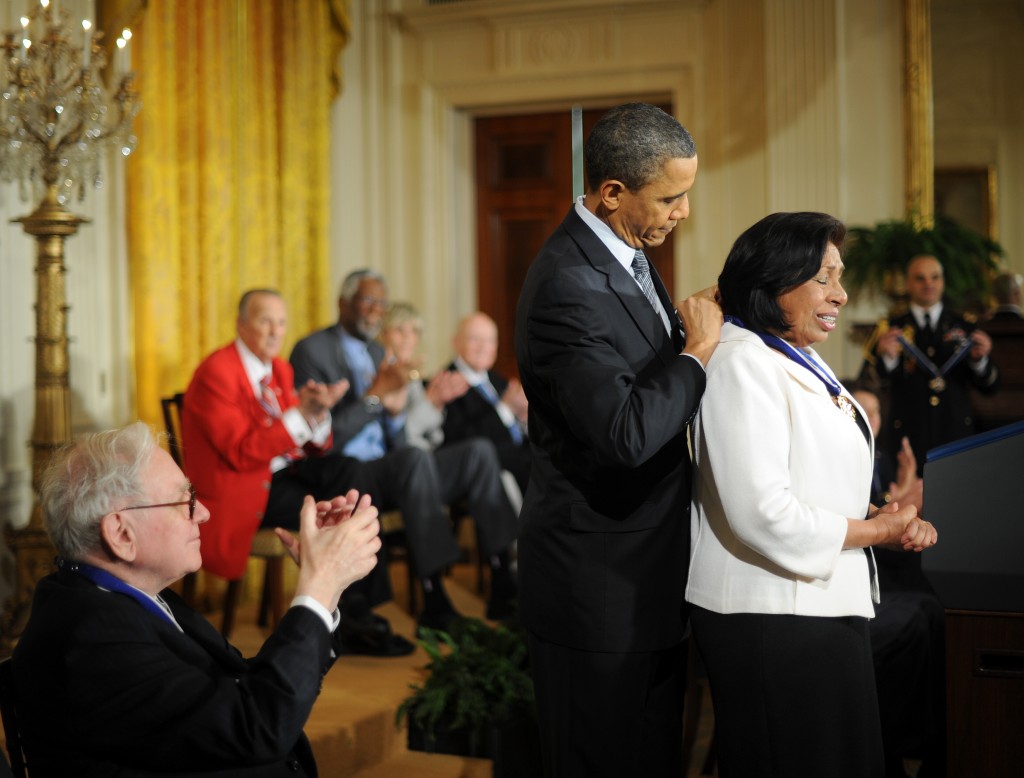 U.S. President Barack Obama presenting the 2010 Medal of Freedom to Sylvia Mendez, a civil-rights activist of Mexican and Puerto Rican descent. At age 8, Mendez played a pivotal role in a 1946 landmark court case that desegregated California schools. (Credit: Tim Sloan/AFP/Getty Images)