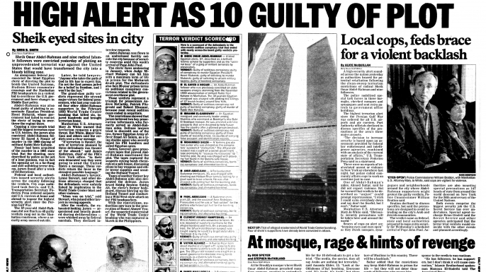 October 1995 NY Daily News' headlines on the conviction of Sheik Omar Abdel-Rahman and others in the bombing