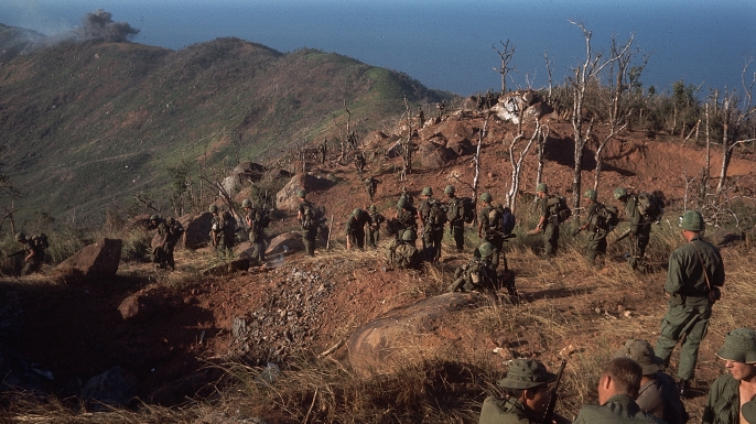 US soldiers in the barren landscape of Phu Loc, South Vietnam. (Credit: Bettmann/Getty Images)