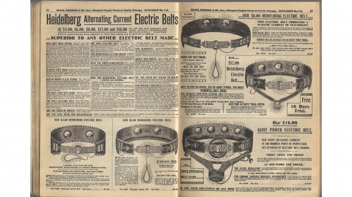 Electric belts featured in a Sears catalog, 1900.