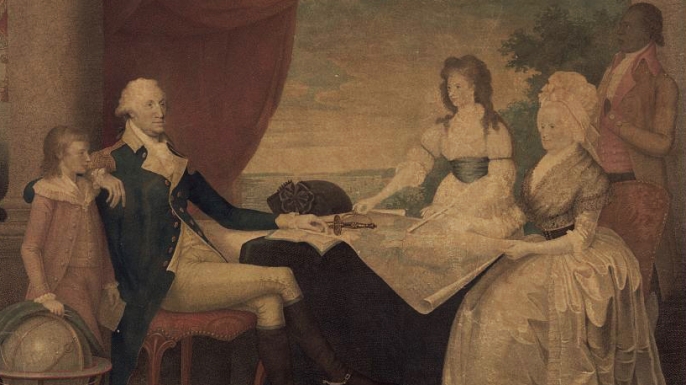 George Washington with Martha Washington and her two grandchildren. The servant in the corner is thought to be William Lee, the only slave of Washington to be immediately granted freedom. (Credit: The Library of Congress)