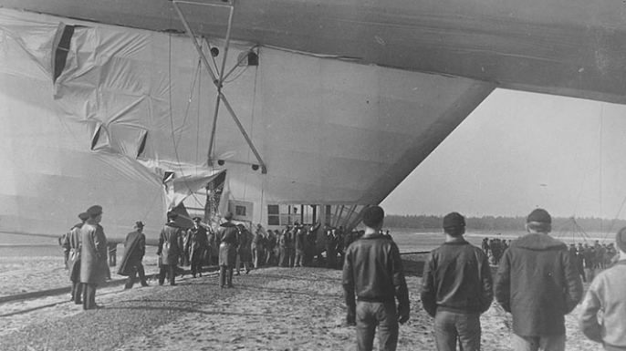 The lower fin of the USS Akron damaged after an incident in February, 1932. (Credit: U.S. Navy Naval History and Heritage Command)