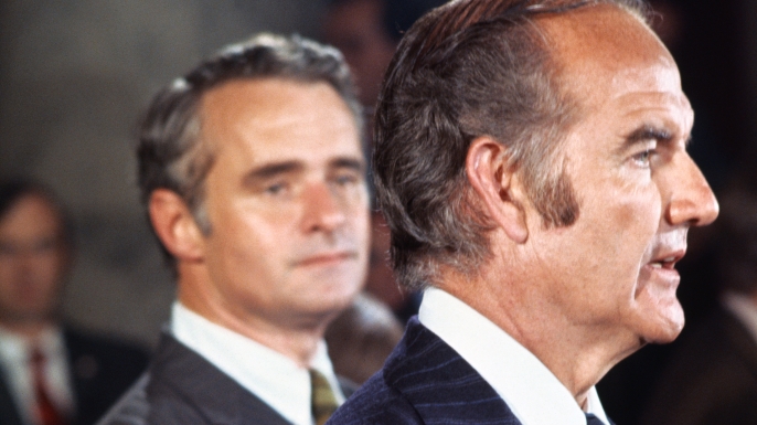Senator George McGovern, Democratic presidential candidate, announcing that his running mate, Senator Thomas Eagleton has withdrawn as vice-presidential candidate. (Credit: Bettmann/Getty Images)