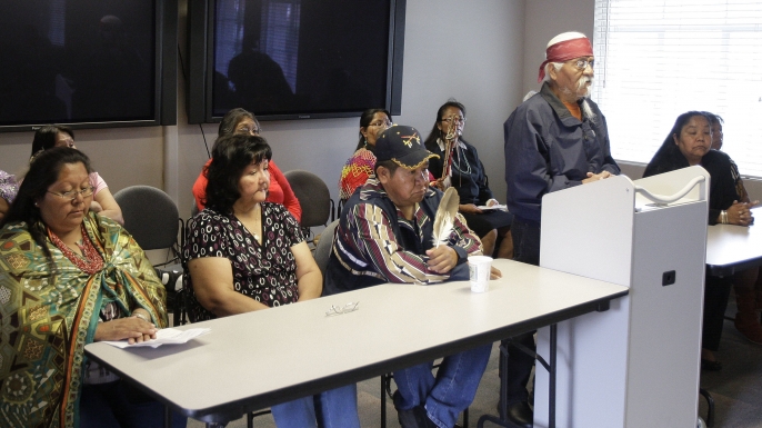 Rex Tilousi, elder and spiritual leader of the Arizona Havasupai tribe, speaking during a news conference after a settled lawsuit alleging Arizona State University scientists of misusing blood samples to study schizophrenia, inbreeding and ancient population migration. (Credit: Ross D. Franklin/AP/REX/Shutterstock)