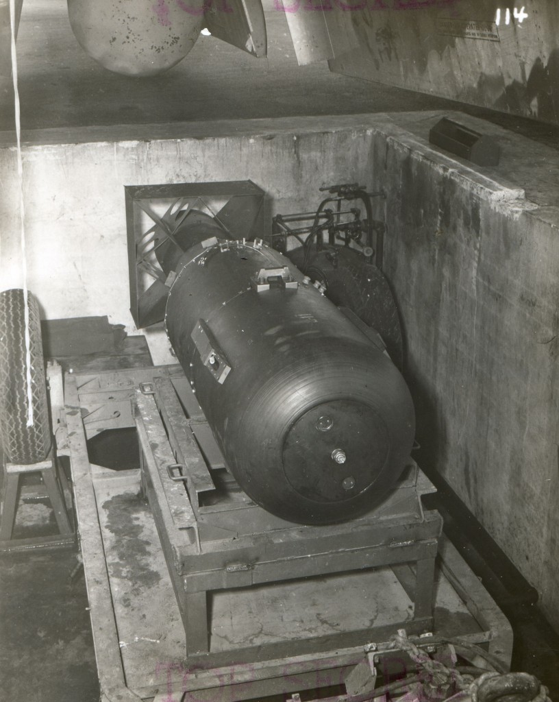 'Little Boy' unit, on trailer cradle in the bomb pit, waiting to be loaded onto the Enola Gay. (Credit: Nara Archives/REX/Shutterstock)