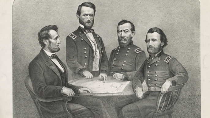 Abraham Lincoln, William Tecumseh Sherman, Philip Henry Sheridan, and Ulysses S. Grant at General Grant's headquarters. (Credit: The Library of Congress)