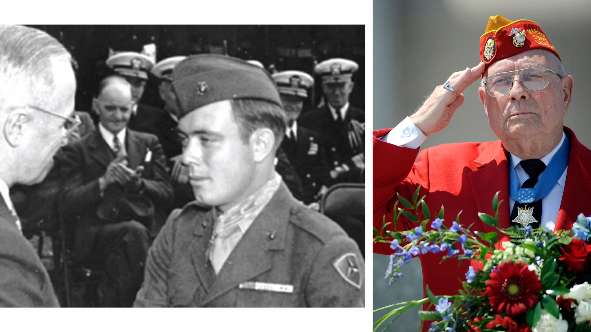 On the left is President Harry Truman congratulating Hershel "Woody" Williams on being awarded the Medal of Honor for his actions during the battle of Iwo Jima, 1945. (Image courtesy of the U.S. Marine Corps.) The right shows Williams saluting during the D-Day ceremony at the National D-Day Memorial in Bedford, Virginia, 2011. (Credit: Parker Michels-Boyce, The News & Advance/AP Photo)