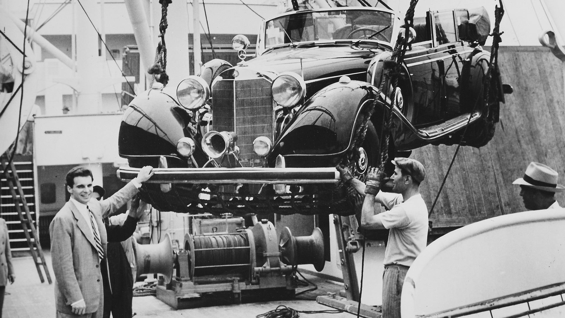 Christopher Janus picking up the notorious Hitler limousine at Pier 97 from the MS Stockholm, which brought the car from Sweden. (Courtesy of K.H. Gibson III)