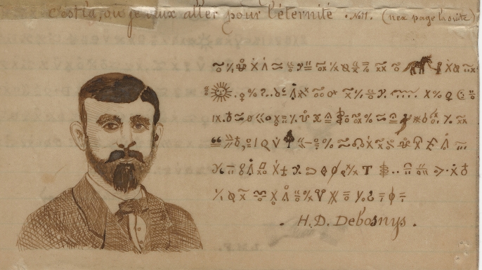This cryptogram by Henry Debosnys from the late 1880s includes his self portrait. (From the Collection of the Adirondack History Museum)