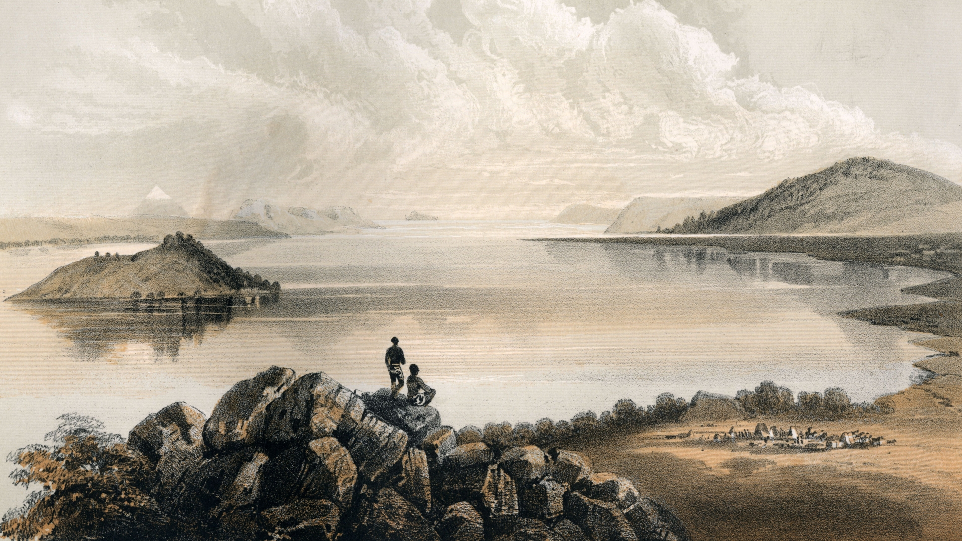Two Native Americans along the waters of Lake Klamath in Northern California, 1857. (Credit: Historia/REX/Shutterstock)