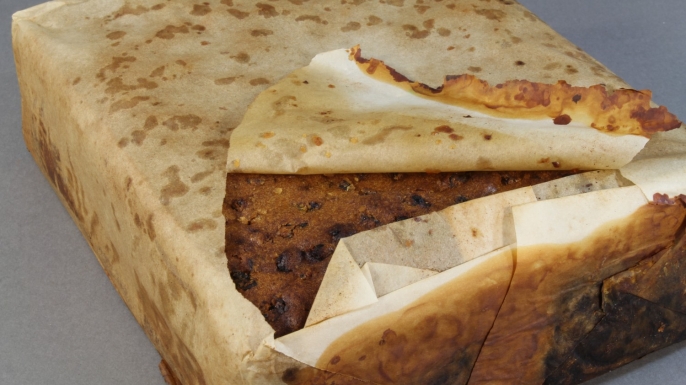 Fruit cake found at Cape Adare thought to be from Scott's Northern Party, 1911. (Credit: Antarctic Heritage Trust)