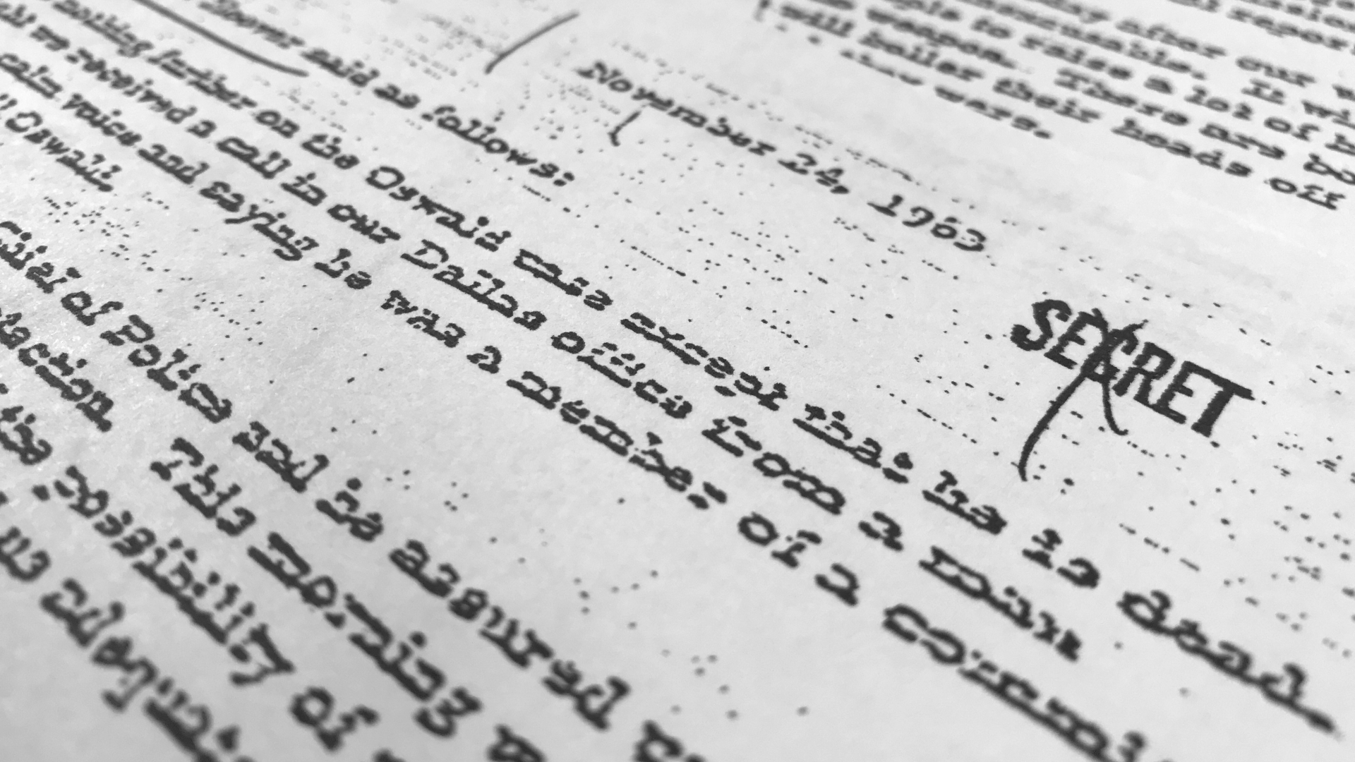 Part of a file, dated Nov. 24, 1963, quoting FBI director J. Edgar Hoover as he talks about the death of Lee Harvey Oswald, released for the first time on Thursday, Oct. 26, 2017. (Credit: Jon Elswick/AP Photo)