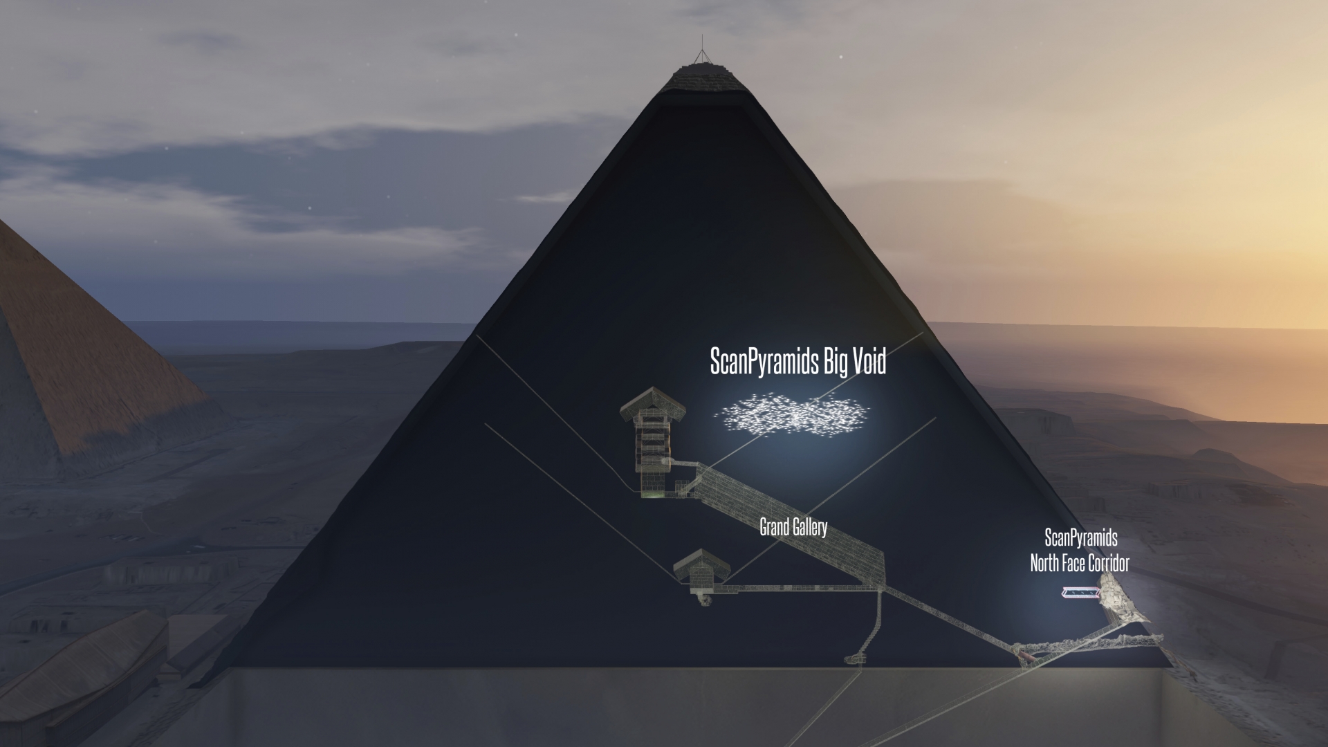 Computer generated image that shows a section through the Pyramid of Cheops near Giza, Egypt, showing a possible cavity in the middle and the Great Gallery below. (Credit: Picture-Alliance/DPA/AP Images)