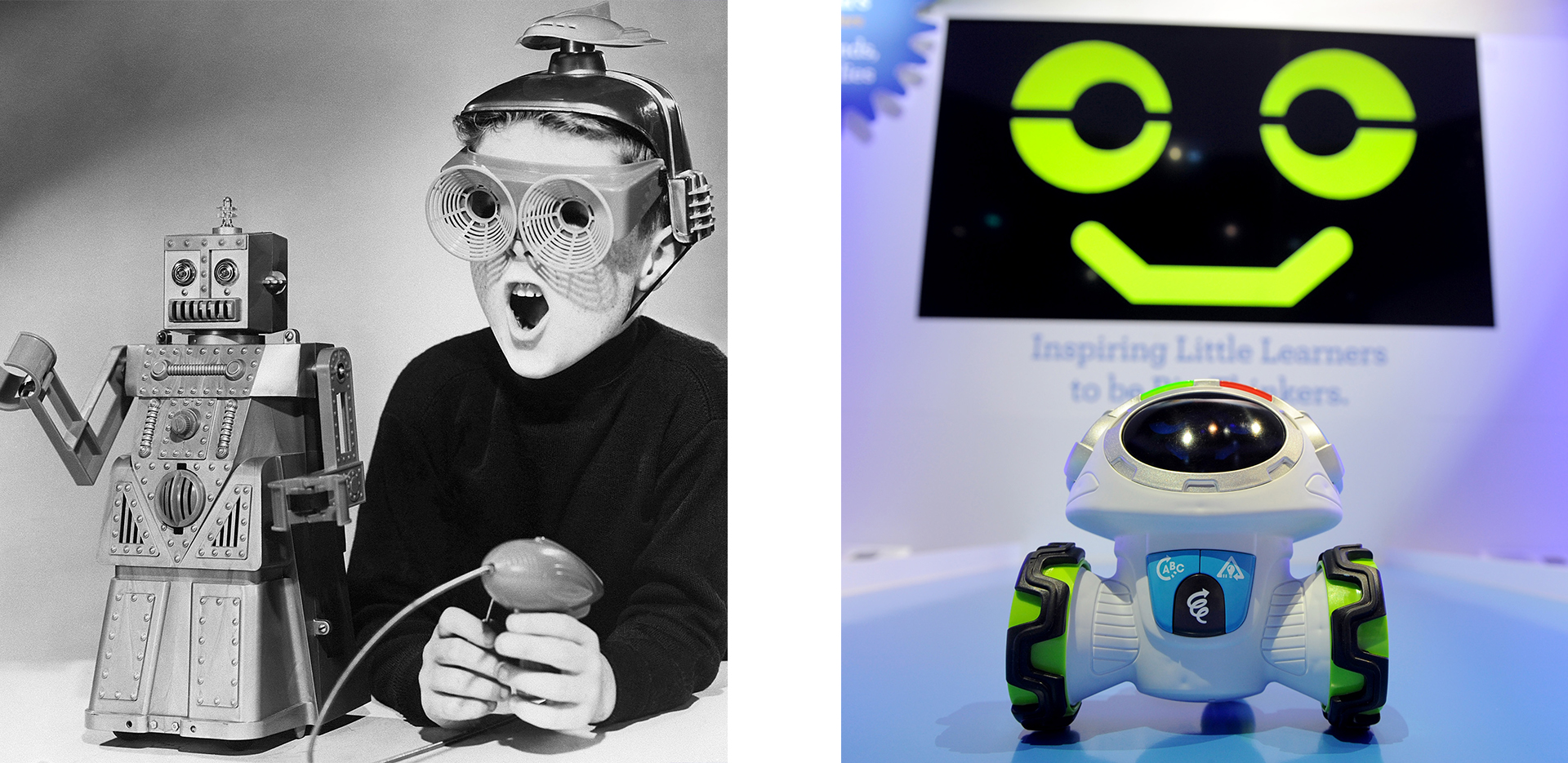 Robert the Robot (Credit: Bettmann Archive/Getty Images) and Think & Learn Teach ‘n Tag Movi (Credit: Diane Bondareff/AP Images for Mattel)
