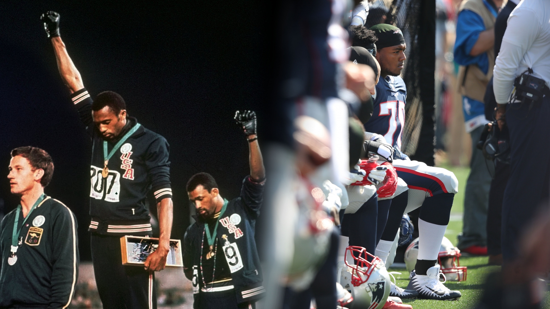 U.S. athletes Tommie Smith, center, and John Carlos staging a civil rights protest after Smith received the gold and Carlos the bronze for the 200 meter run at the Summer Olympic Games in Mexico City on Oct. 16, 1968. (Credit: AP Photo); New England Patriots Adam Butler takes a knee during the national anthem before the start of a game. (Credit: Jim Davis/The Boston Globe via Getty Images)