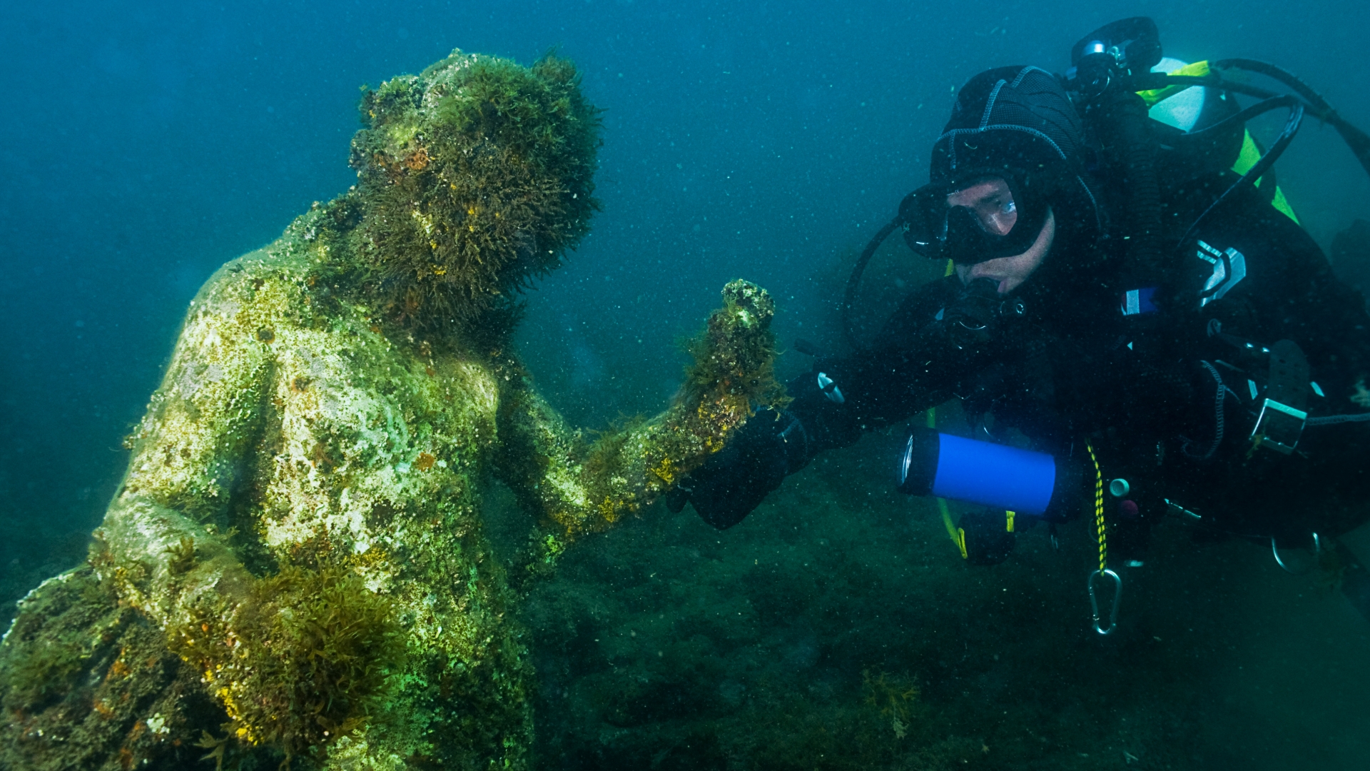 Statue of the Ninfeo in the underwater ancient Roman town in Baia. (Credit: Francesco Pacienza/Getty Images)