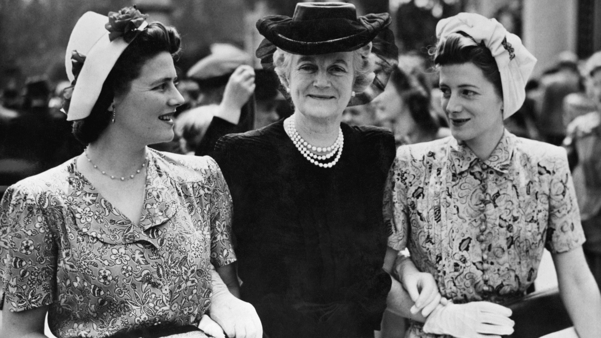 Mrs. Winston Churchill, with her daughters Mary and Sarah, after her investiture by the Queen at Buckingham Palace, where she became a Dame of the British Empire, 1946. (Credit: Hulton-Deutsch Collection/CORBIS/Corbis via Getty Images)